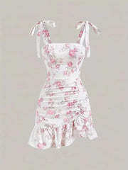 Ruffled Hem Floral Tie-Strap Mini Dress