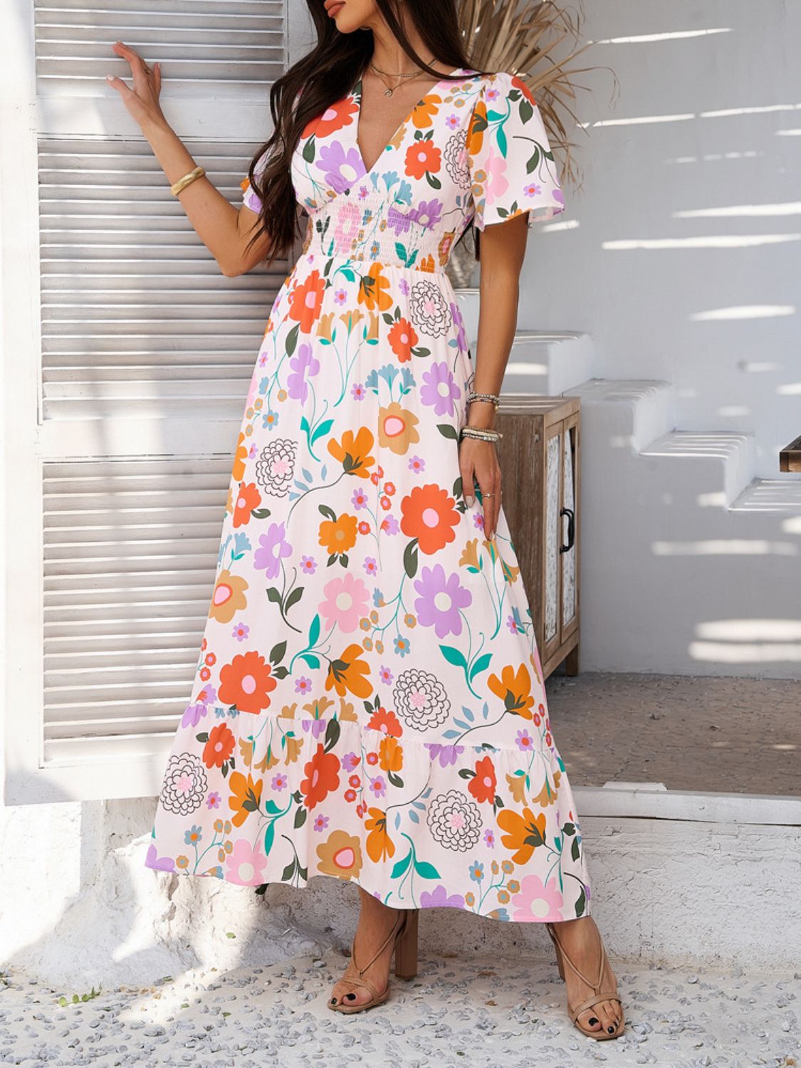 Devine Smocked Printed V-Neck Short Sleeve Maxi Dress