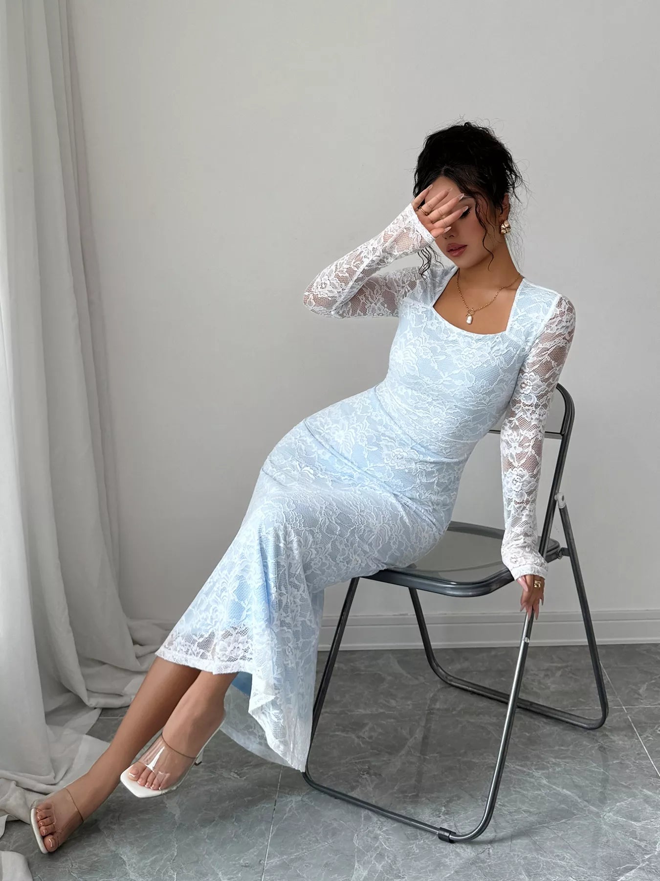Lace Long Sleeve Square Neck Maxi Dress