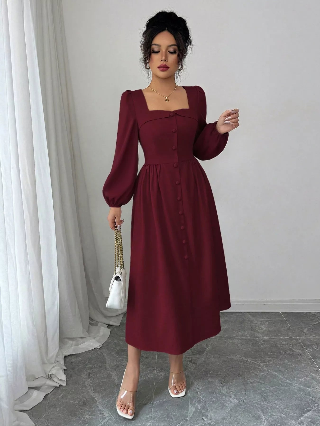 Square Neck Button-Front Midi Dress