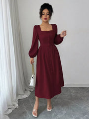 Square Neck Button-Front Midi Dress