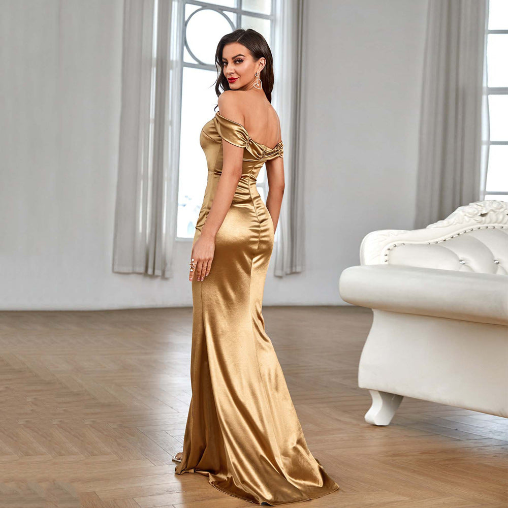 One Shoulder Slit Satin Evening Dress