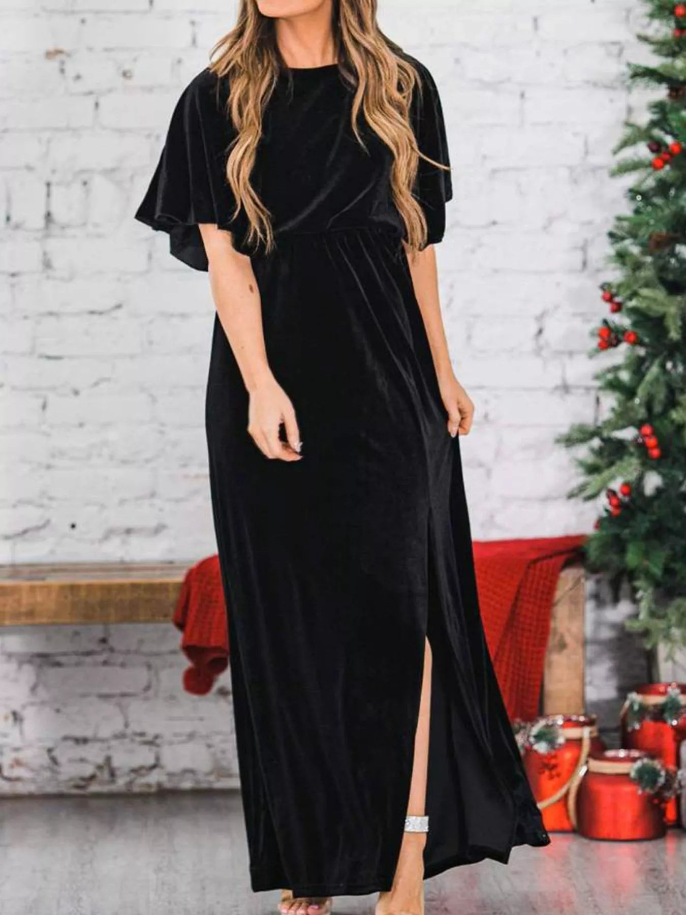 Slit Round Neck Flutter Sleeve Velvet Maxi Dress