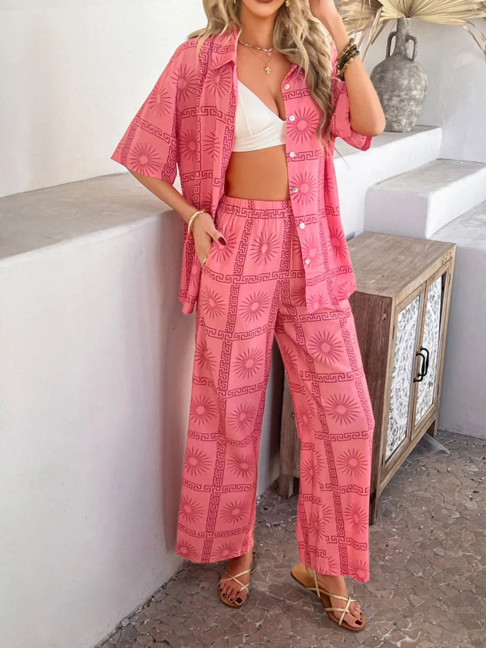 Devine Printed Button Down Shirt and Pants Set