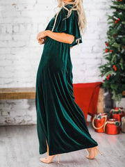 Slit Round Neck Flutter Sleeve Velvet Maxi Dress