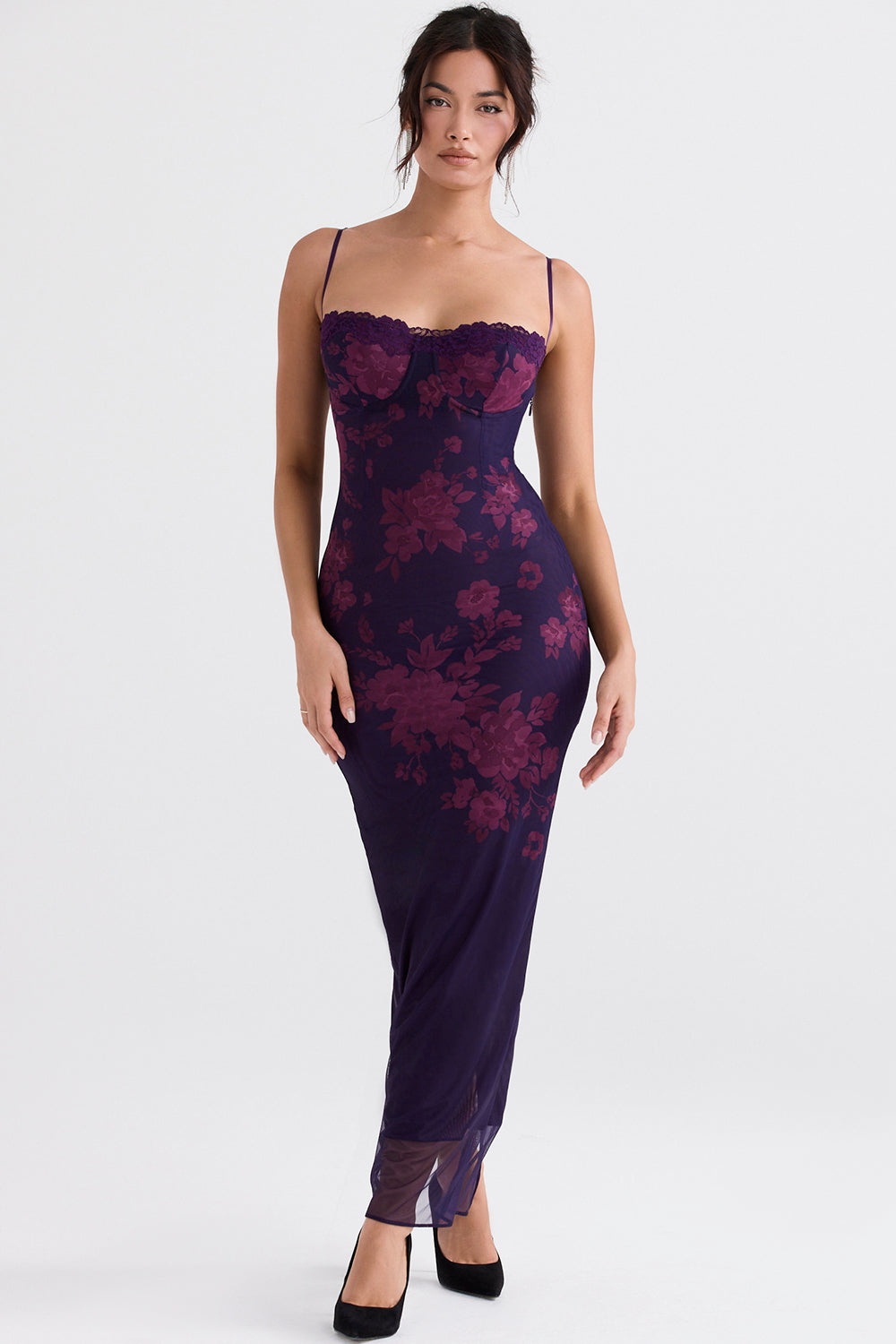 Floral Mesh Hem Gown Fishtail Slip Maxi Dress