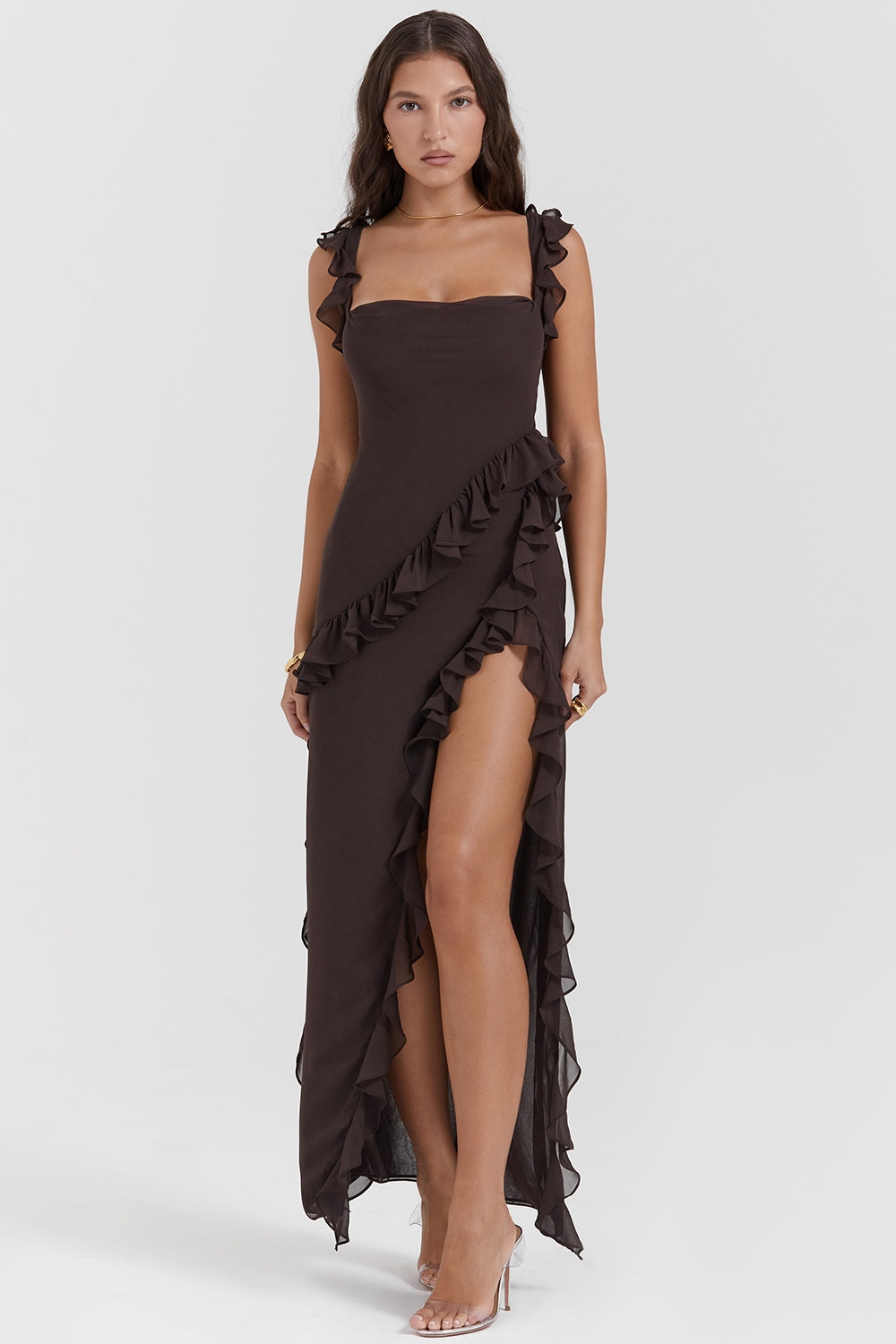 Split Ruffled Square Neck Maxi Dress