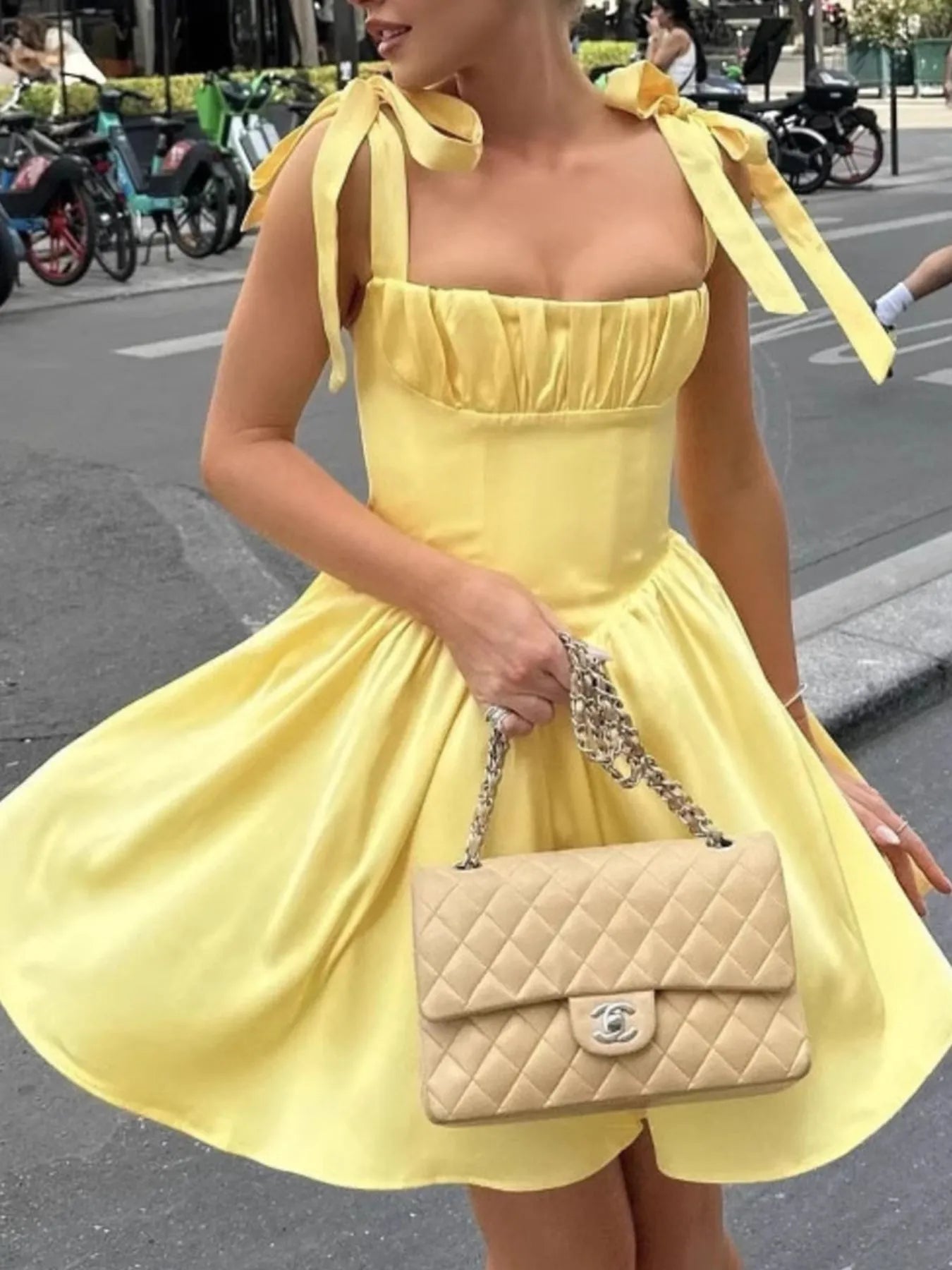 Tie-Shoulder Square Neck Mini Dress