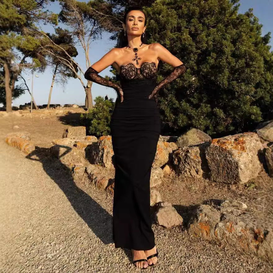 Alyia Lace Stitching Banquet Party Dress With Gloves