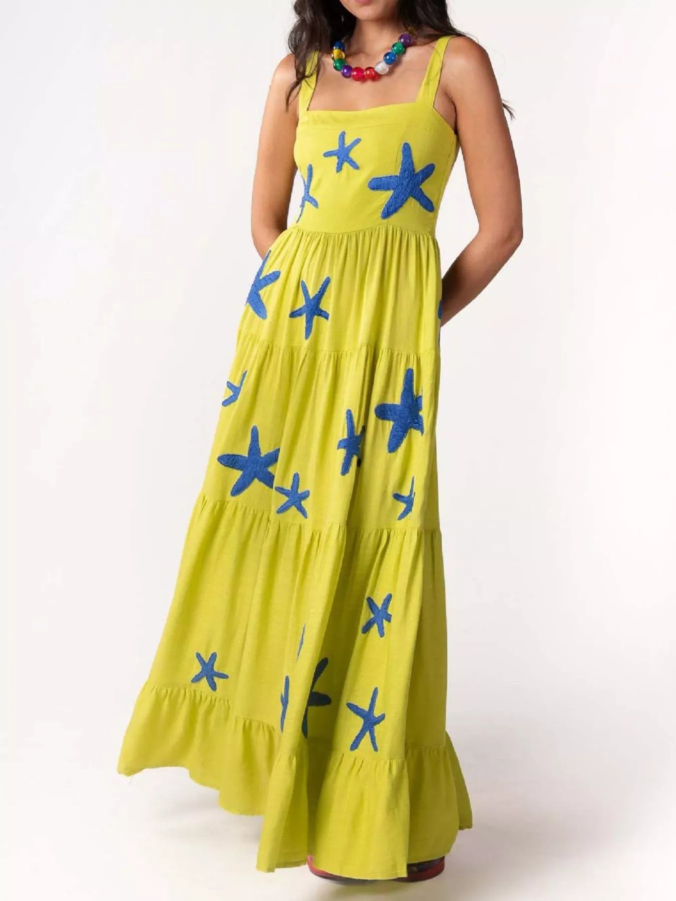 Embroidered Square Neck Tiered Maxi Cami Dress