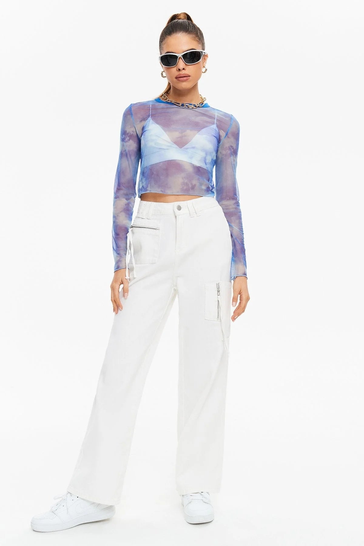 Round Neck Exposed Navel Long -sleeved Mesh Printed Tops