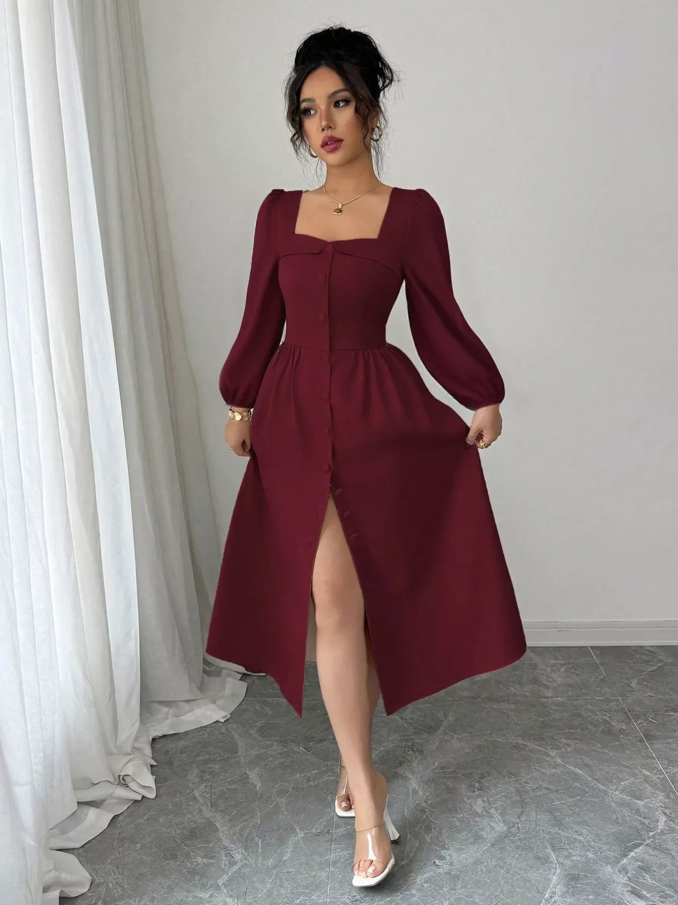 Square Neck Button-Front Midi Dress