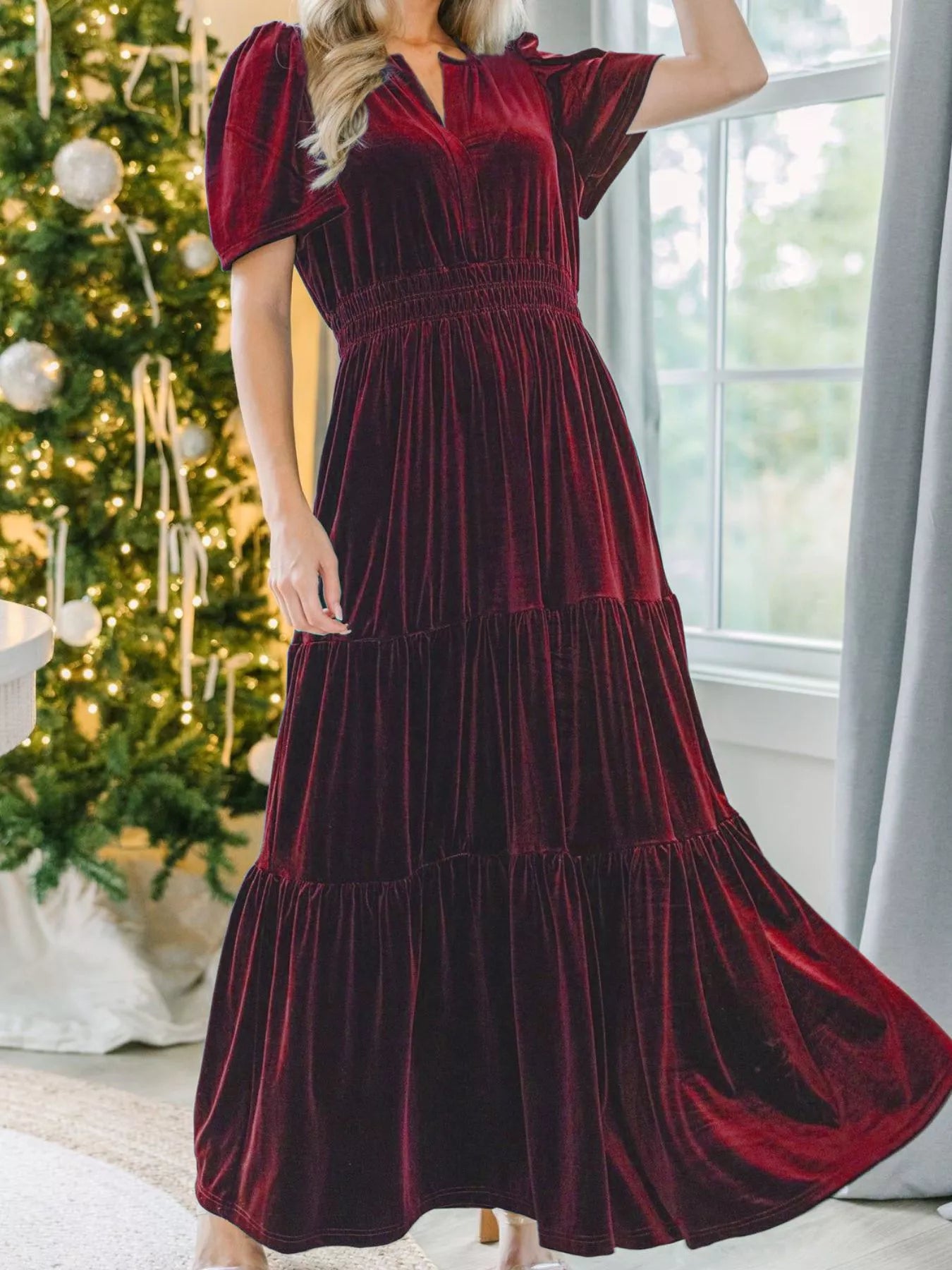 Velvet Tiered Short Sleeve Maxi Dress
