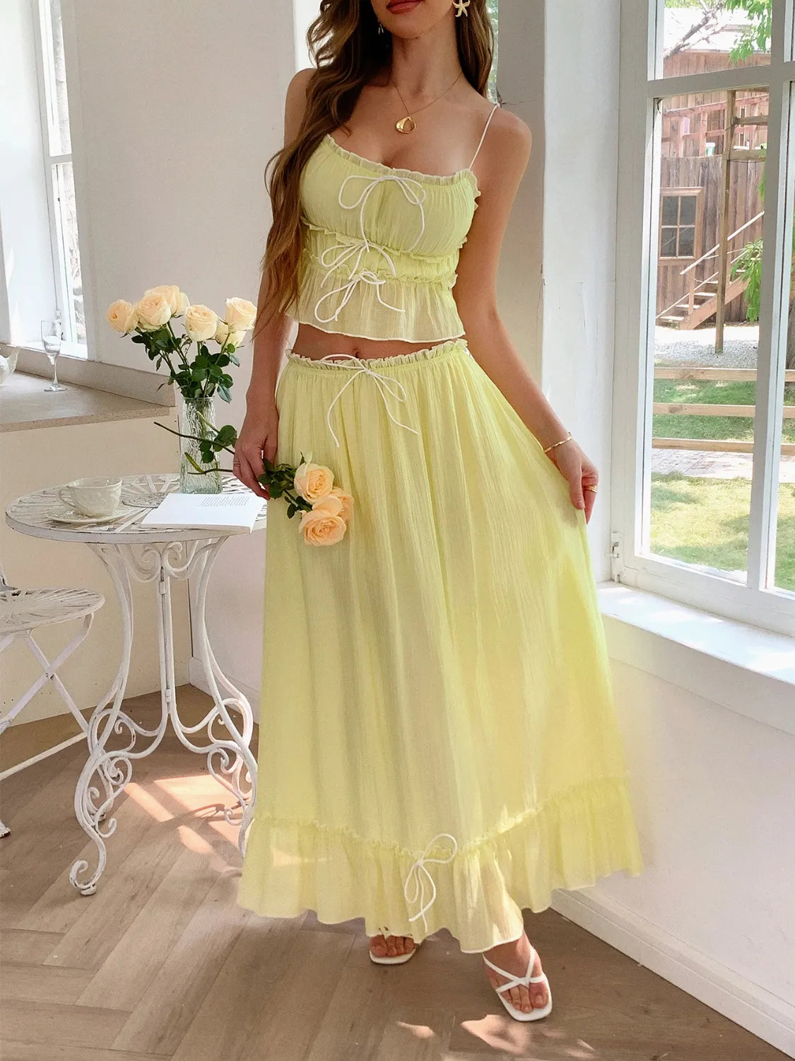 Frill Square Neck Cami and Skirt Set