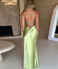V-neck Satin Slit Backless Long Dress