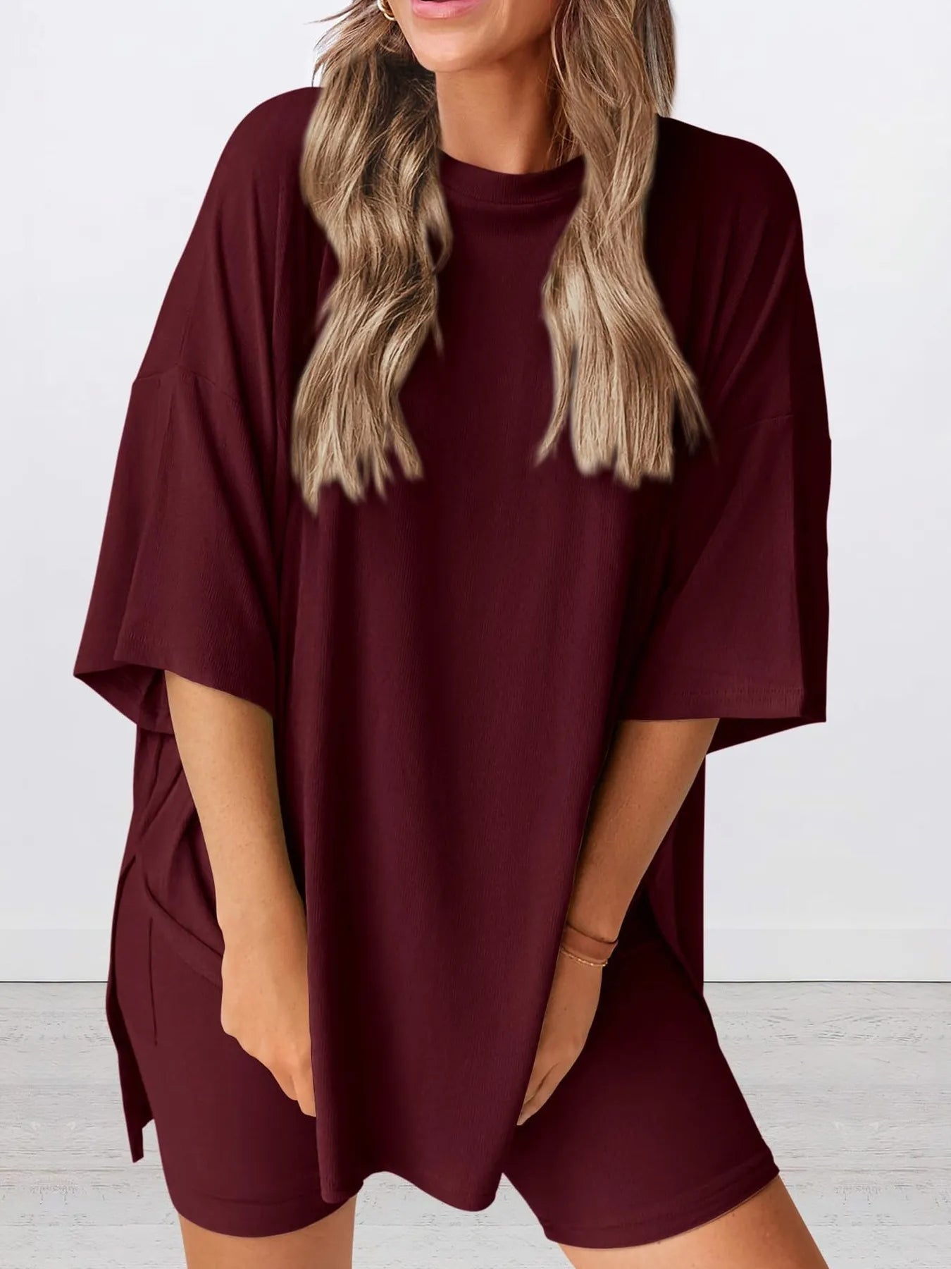 Full Size Oversized Slit Round Neck Top and Shorts Lounge Set Plus Size