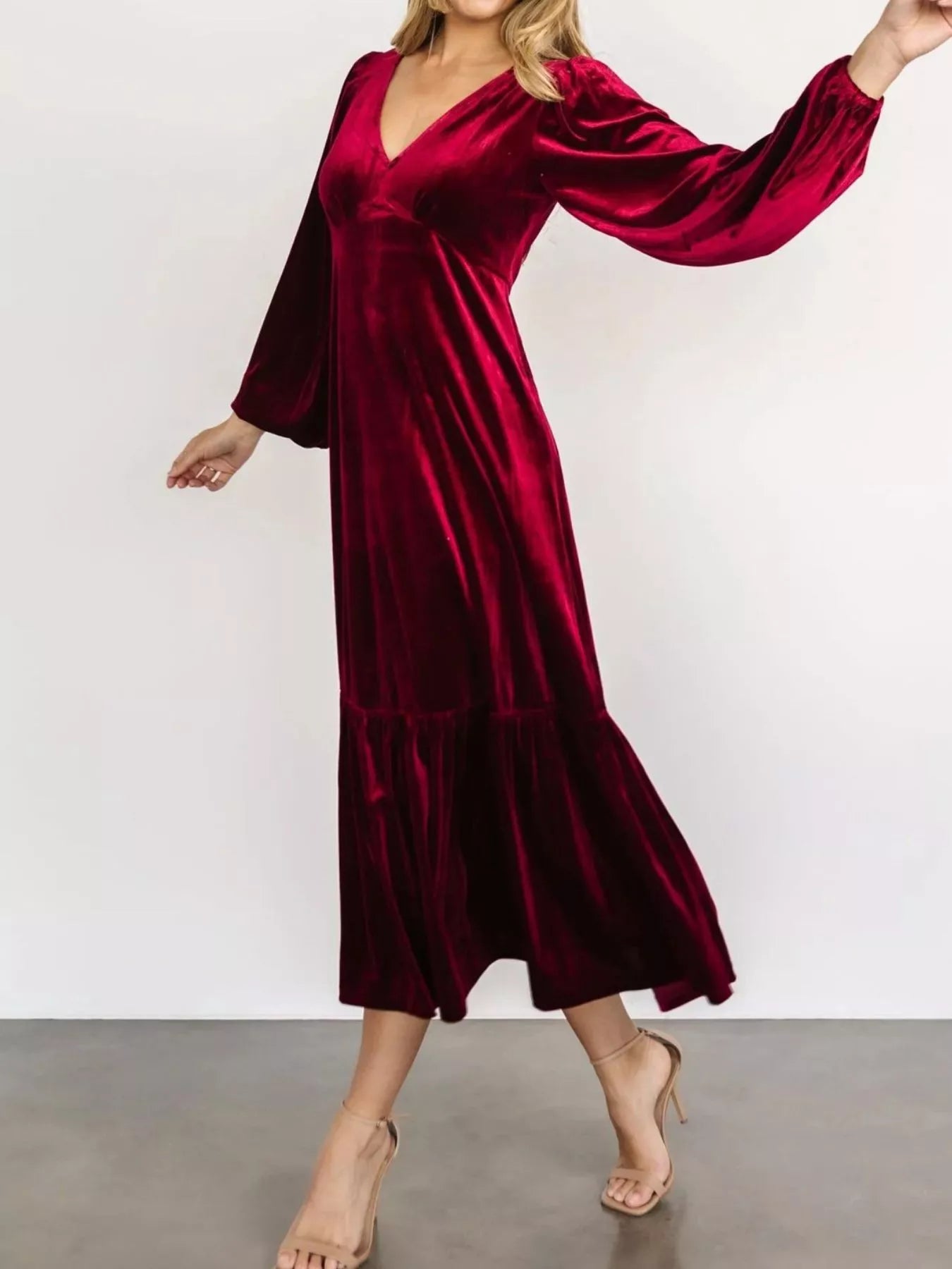 Velvet Tiered Long Sleeve Midi Dress