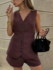 Button Front V-Neck Top and Shorts Set