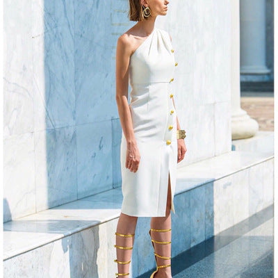 Seam Button Stretch Slim Fit Bandage Dress