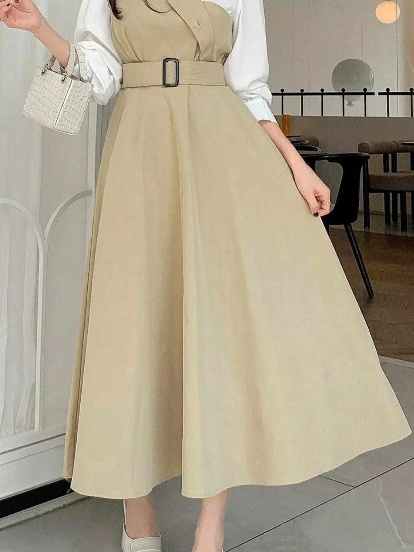 Contrast Long Sleeve Midi Dress with Belted