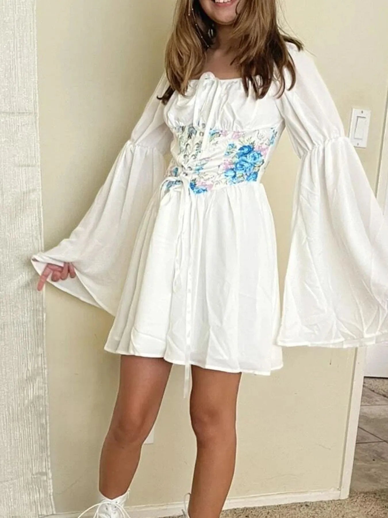 Floral Lace Up Long Sleeve Mini Dress