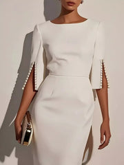 Slim-Fit Elegant Midi Dress with Beaded Slit Sleeve