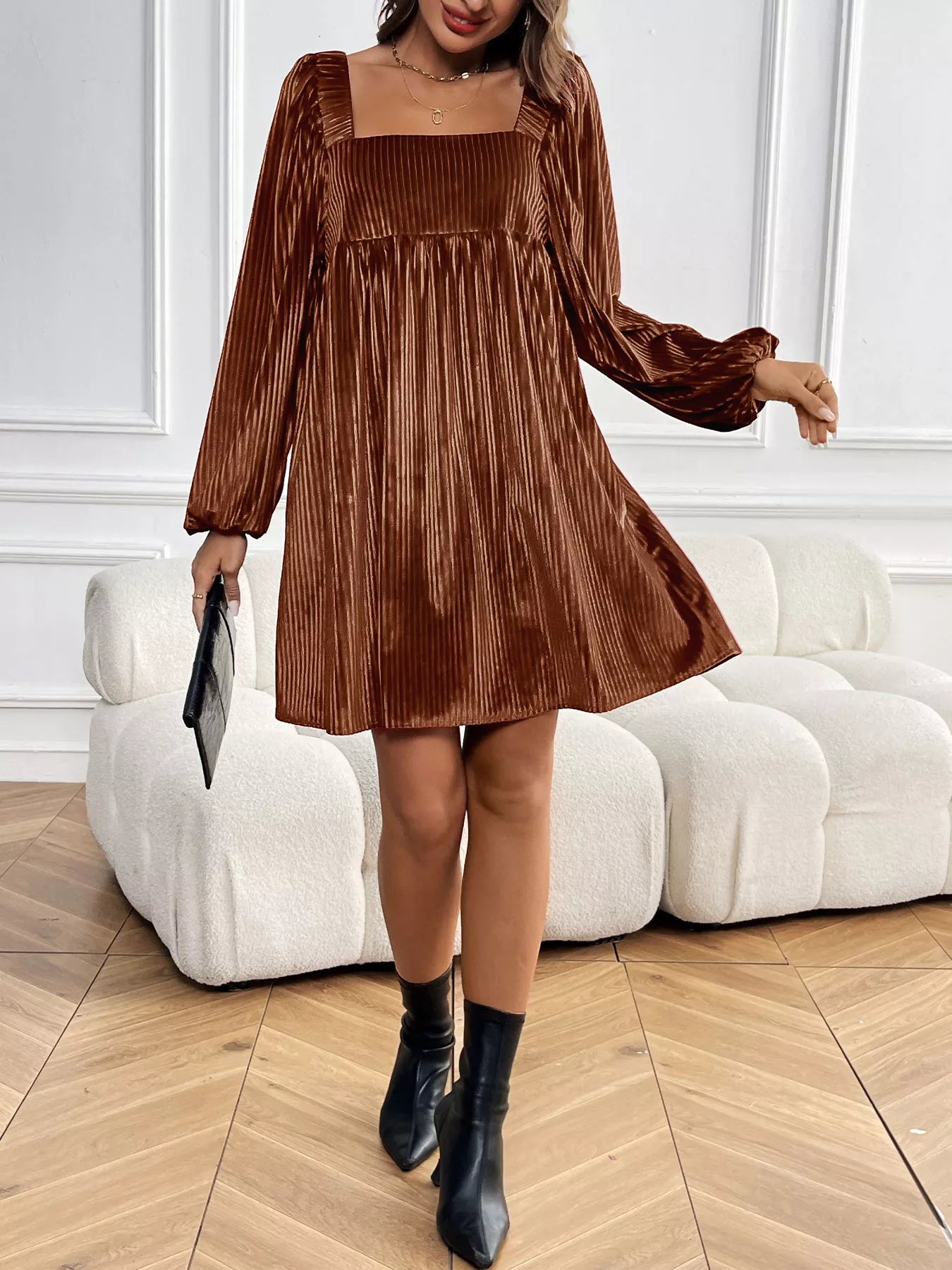 Velvet Square Neck Long Sleeve Dress