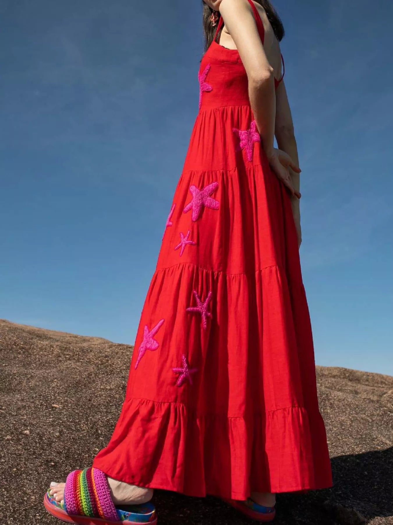 Embroidered Square Neck Tiered Maxi Cami Dress
