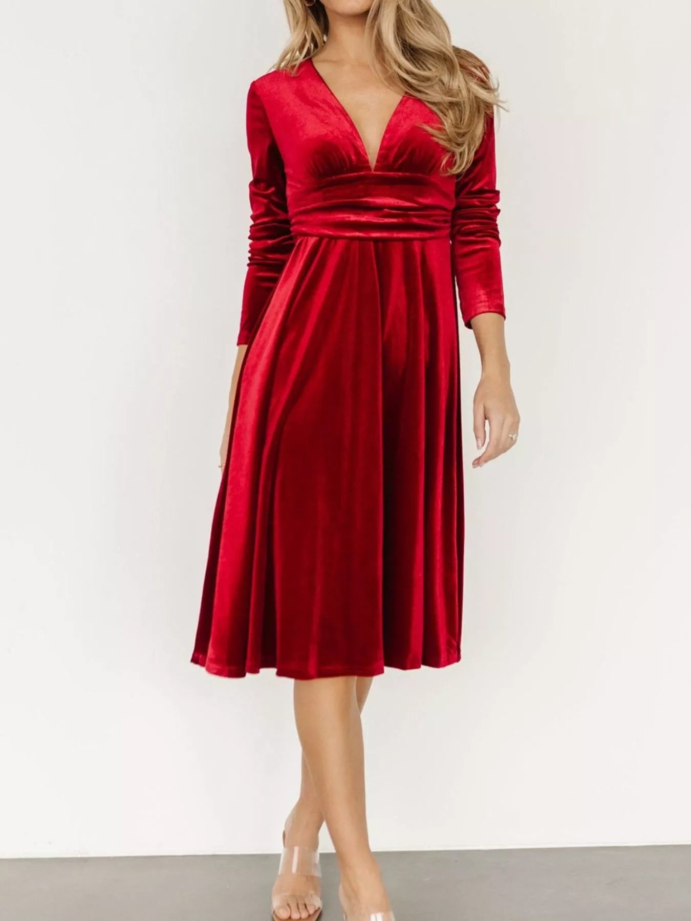 Velvet Deep V-Neck Long Sleeve Dress