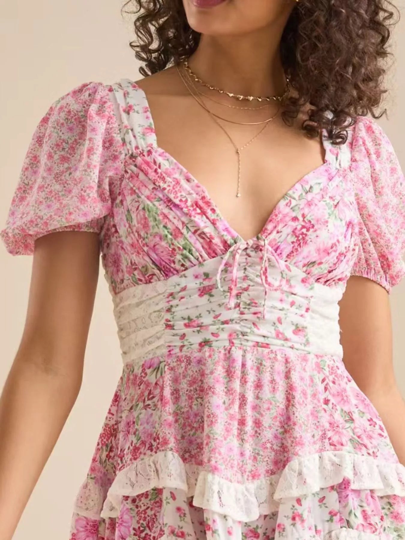 Floral Puff Sleeve Tiered Mini Dress