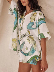 Printed Button Up Shirt and Shorts Set