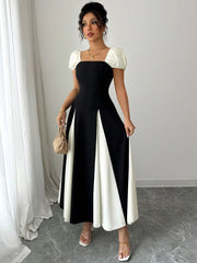 Contrast Puff Sleeve Midi Dress