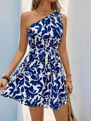 One Shoulder Floral Print Mini Dress