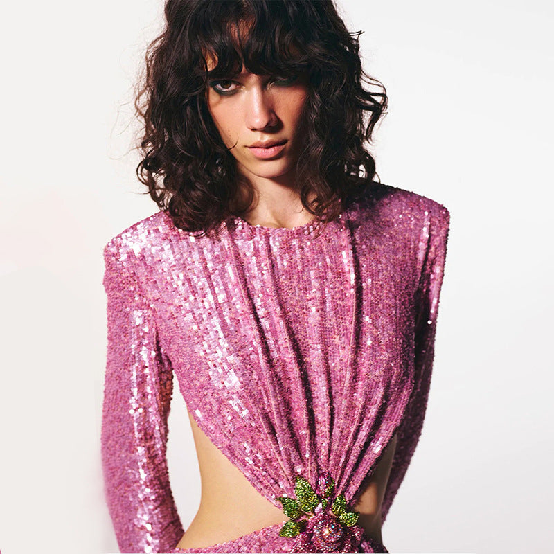 Lesya Round Neck Flower Waist Button Sequin Dress-Blue