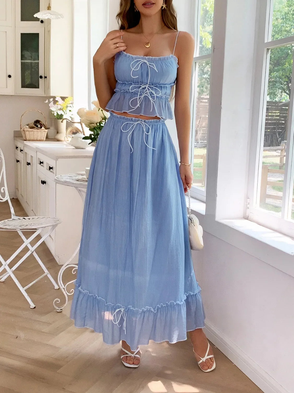 Frill Square Neck Cami and Skirt Set