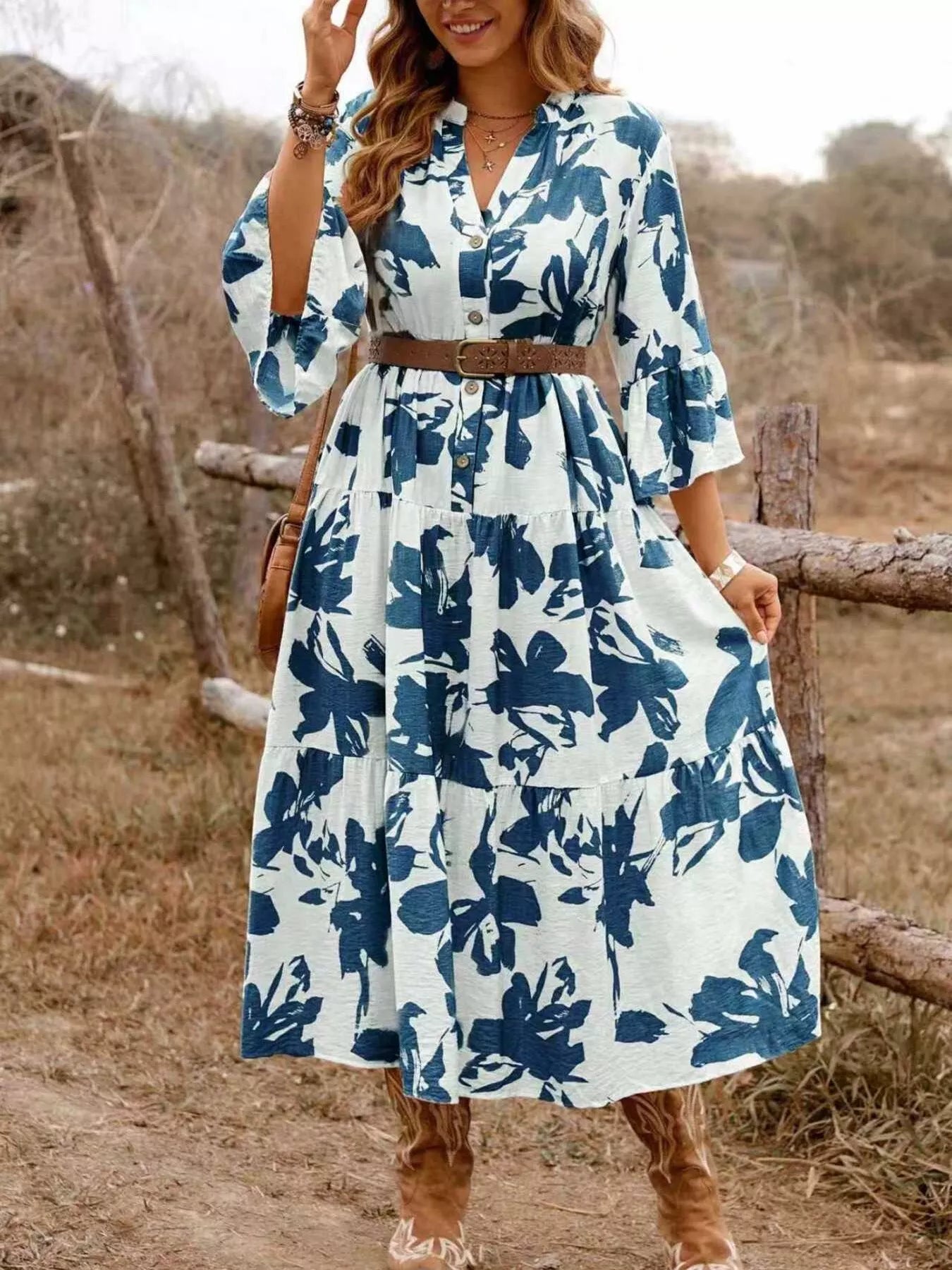 Floral Print Button Front Tiered Dress
