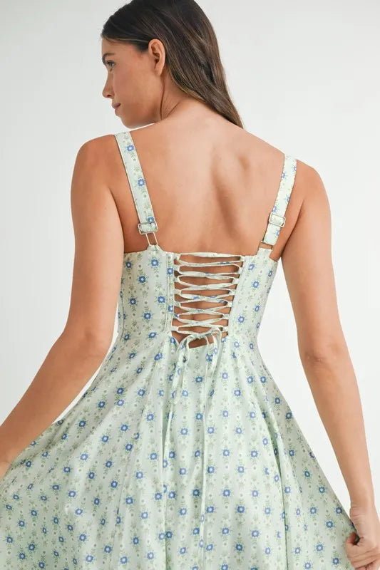 MABLE Floral Print Bustier Back Lace Up Midi Dress