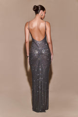 ROSETE LUXE ELEGANT DIAMANTE MAXI DRESS-GRAY