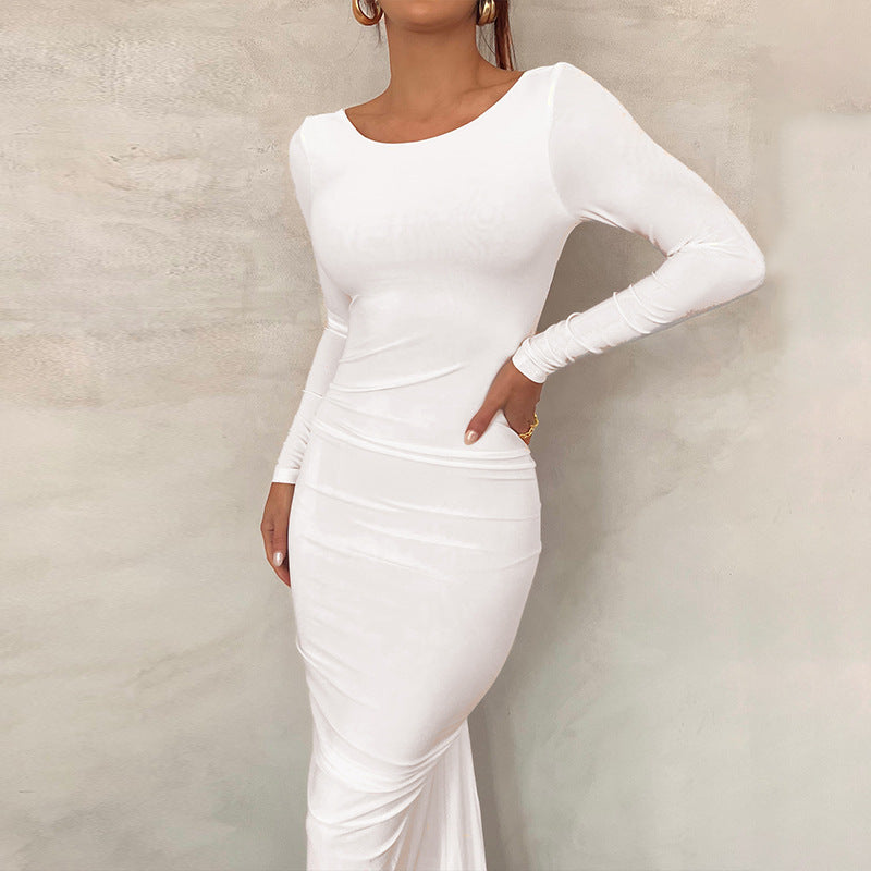 Backless Pleated Long Elegant Slim Dress