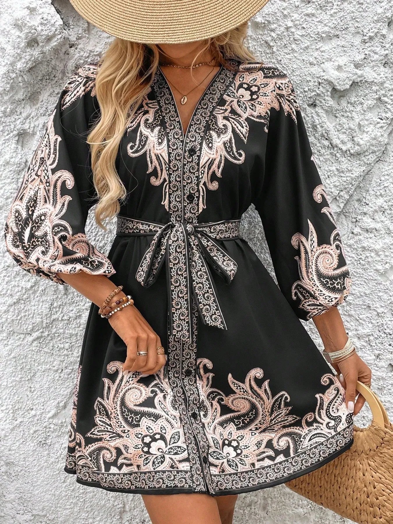 Printed V-Neck Balloon Sleeve Mini Dress