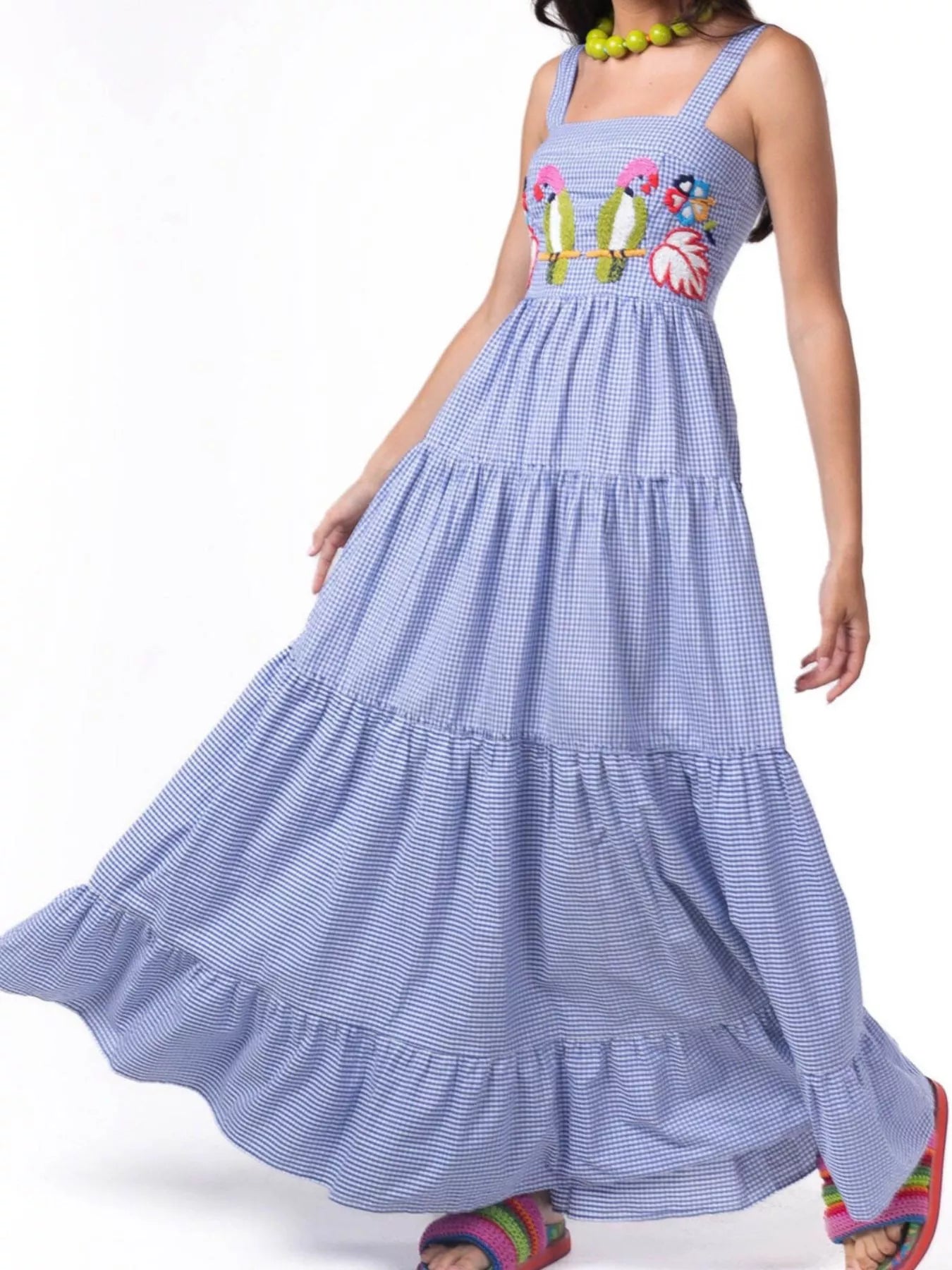 Embroidered Square Neck Tiered Maxi Cami Dress