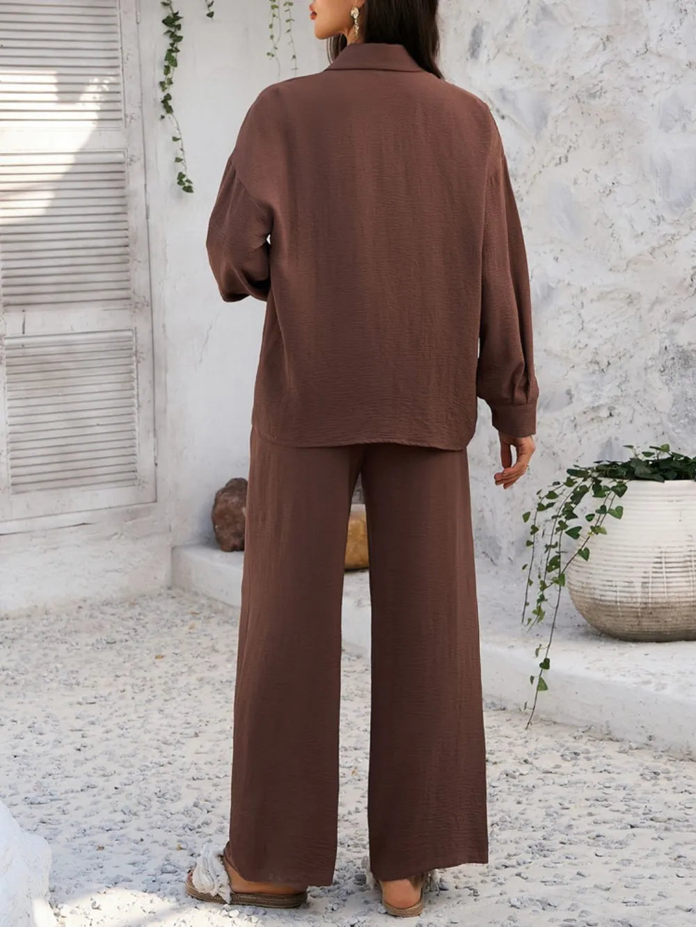 Devine Collared Neck Long Sleeve Top and Pants Set