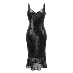Merina Halter Sequined Fishtail Dress-Black