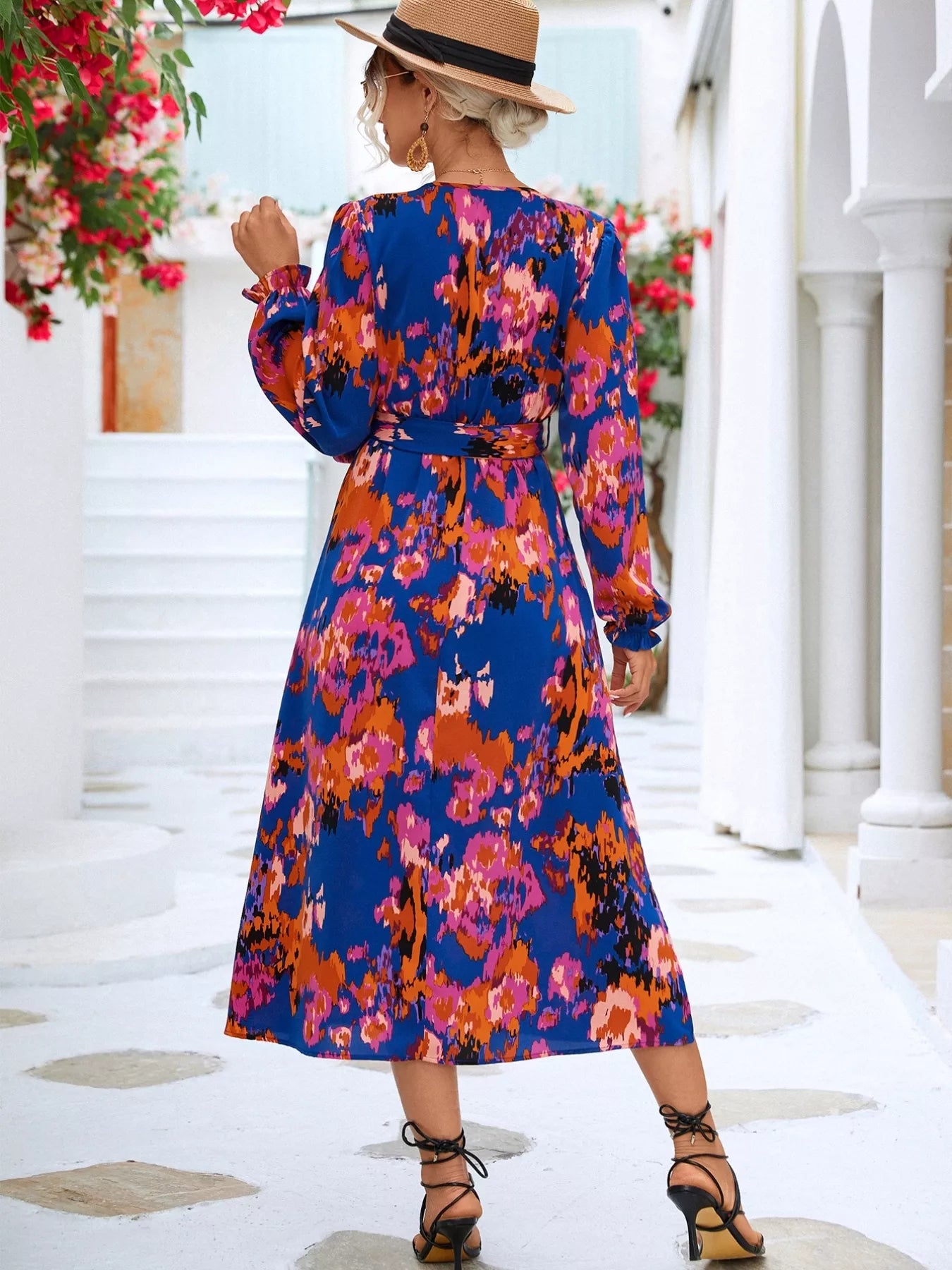 Printed Surplice Long Sleeve Midi Dress