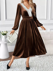 Velvet A-Line Dress with Lace Trim