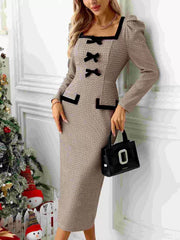 Houndstooth Bow Square Neck Dress
