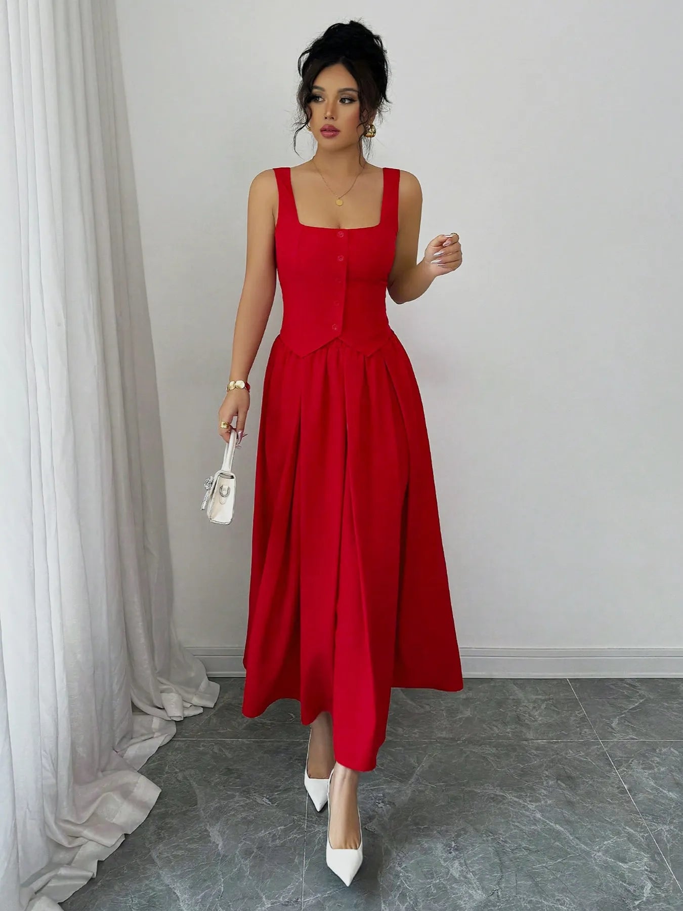 Square Neck Wide Strap Midi Dress