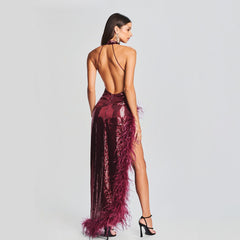 Alyia Wine Red Sequined Halter Slit Dress