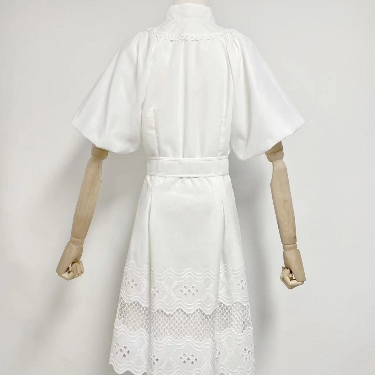 V-neck Puff Sleeve Belt Waist  Mini Dress