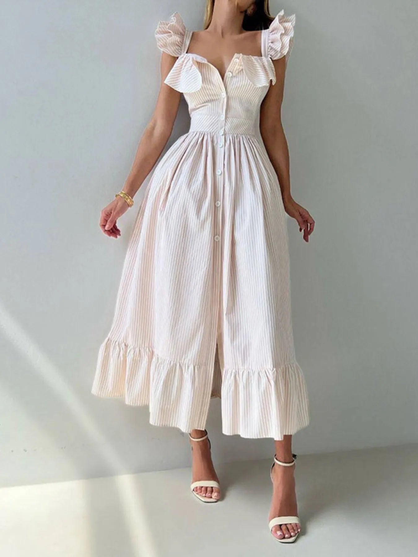 Ruffled Striped Square Neck Dress